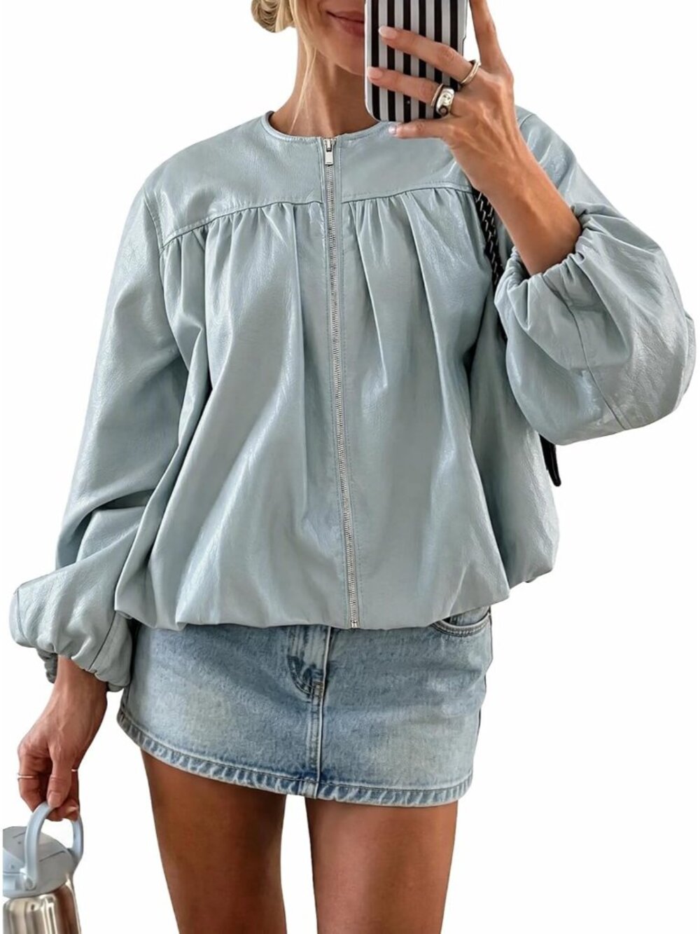 Women's Blue Faux Leather Zip Up Bomber Jacket Bubble Hem Loose Fit Crop Coat